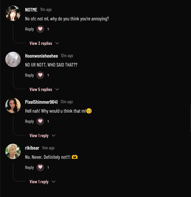 huge respect to these 4 tysmm I feel better now... (and @SunghoonsWifeyy she isnt included in the screenshot tho cuz she commented after i screenshoted this!!!)