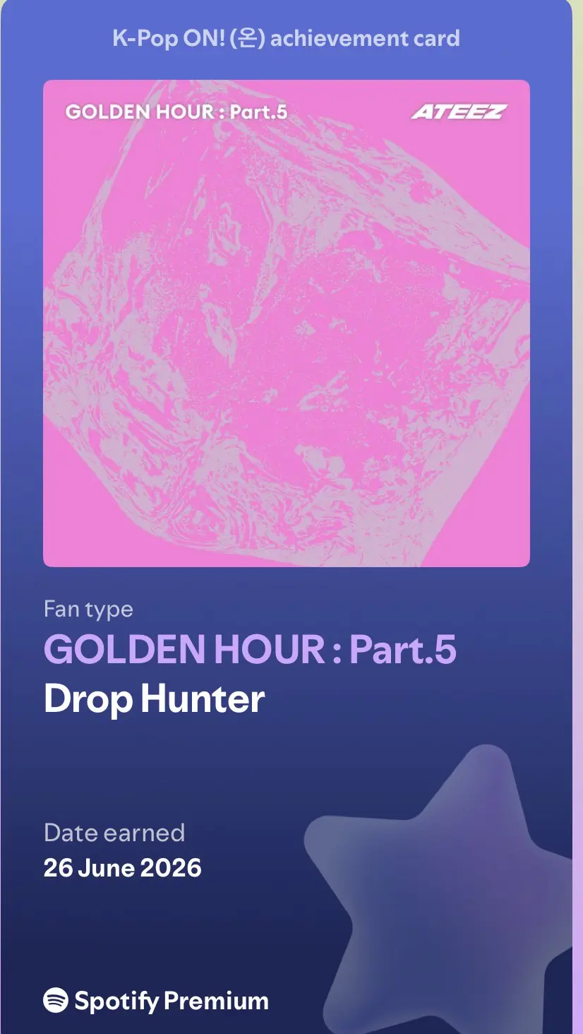 GUYS I GOT AN AWARD ON SPOTIFY FOR LISTENING TO GOLDEN HOUR: PART 5 AS SOON AS IT DROPPED IM NOW ✨DROP ✨
