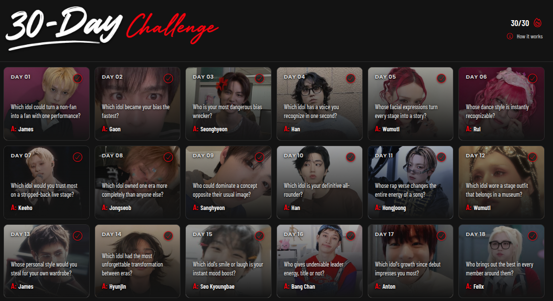 here are all my choices for the 30 day challenge!! ✨ we can definitely tell who my ult is lol 🥲