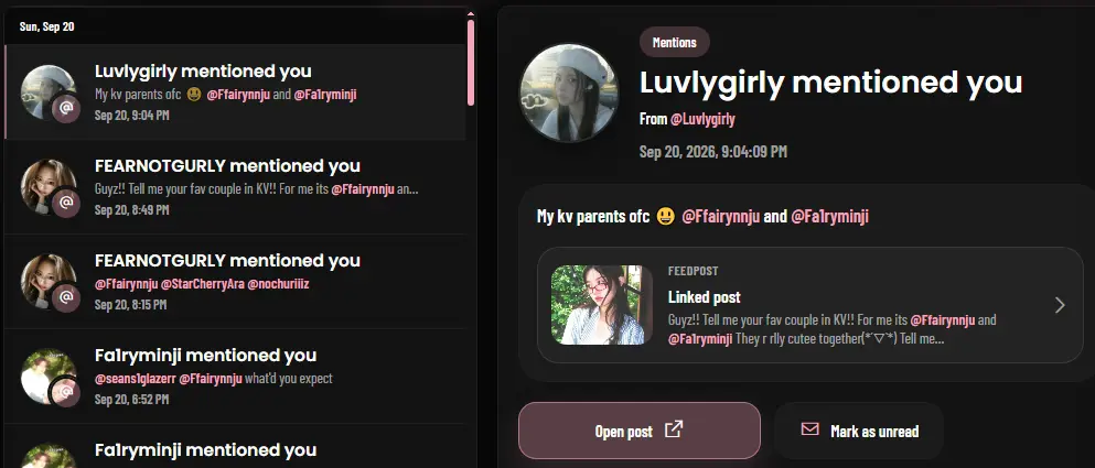 Wow I js came back and saw 8 unread notifs (all of them mentioning me) Gotta I feel loved